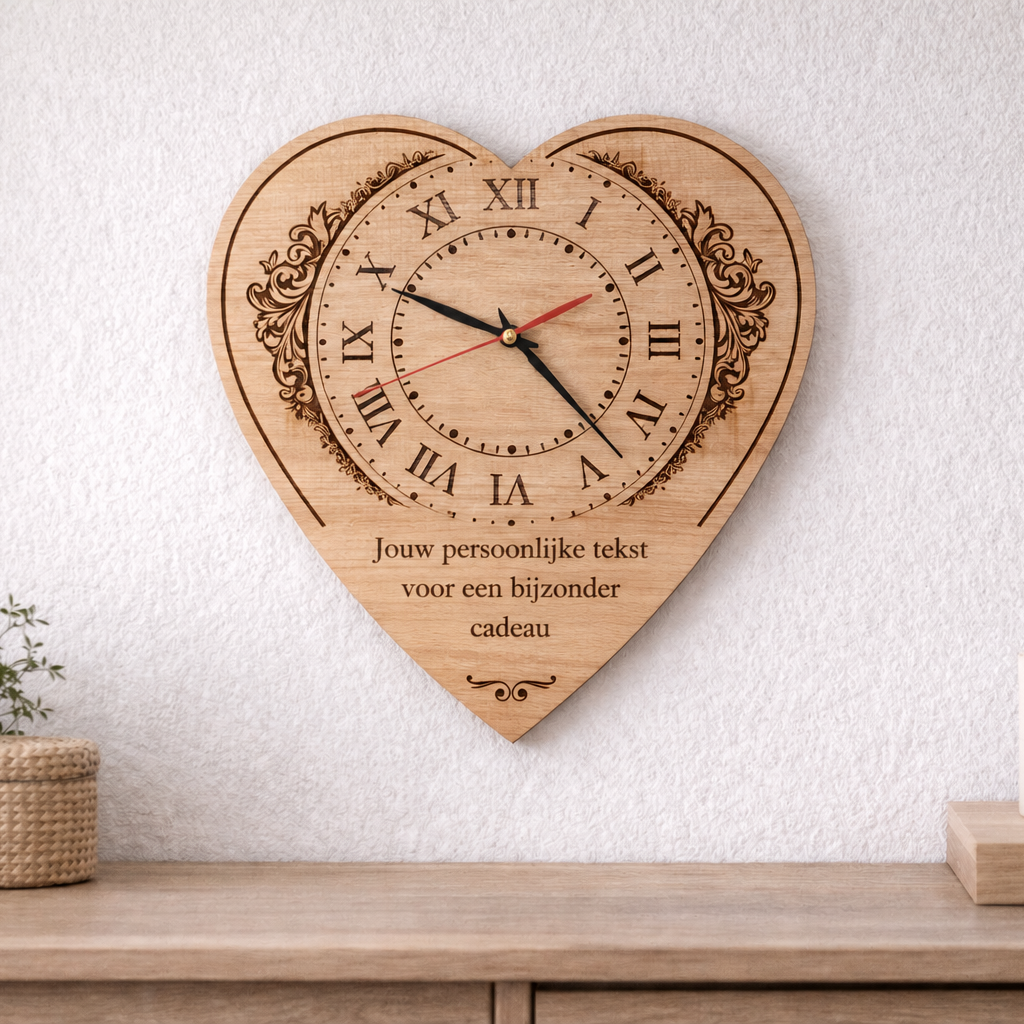Houten hartklok met lasergravure (gepersonaliseerd)