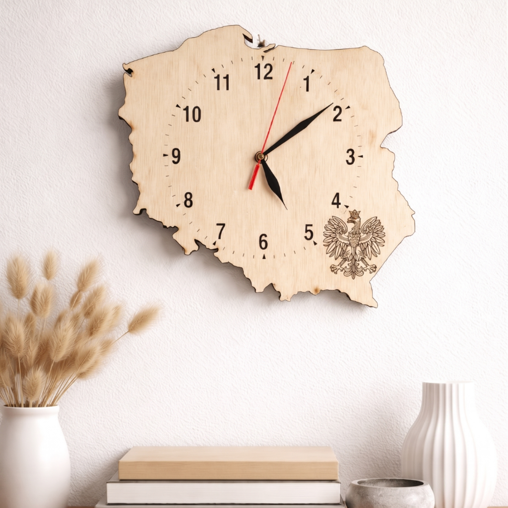 Polen Wandklok van Hout  Lasergravure | 28 cm | Hout & Licht Studio