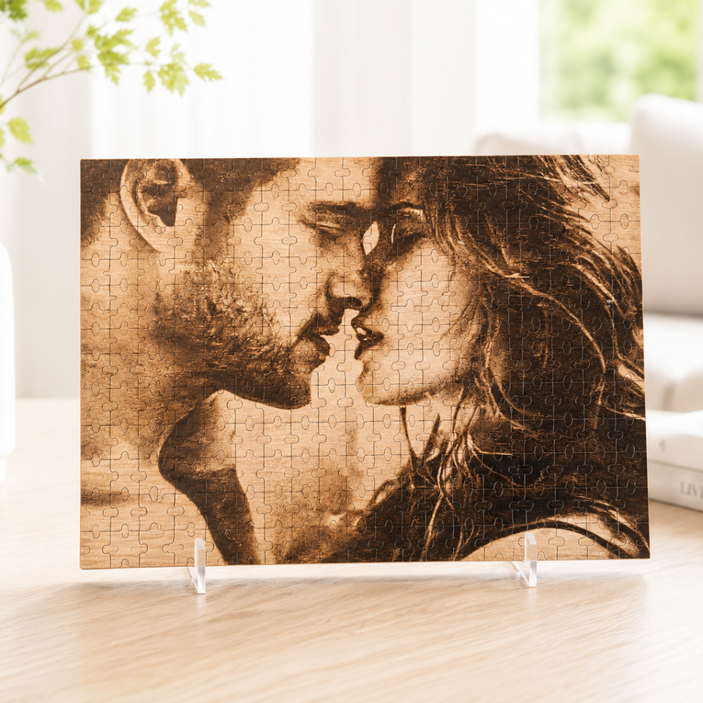 Houten puzzel met foto gravure – Gepersonaliseerd cadeau | Hartvorm & Rechthoek | Standaard & Premium