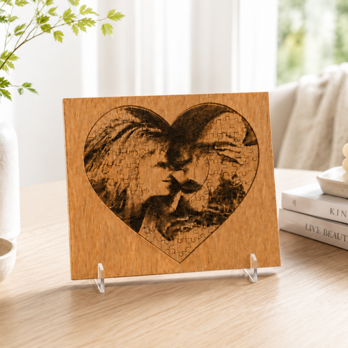 Houten puzzel met foto gravure – Gepersonaliseerd cadeau | Hartvorm & Rechthoek | Standaard & Premium