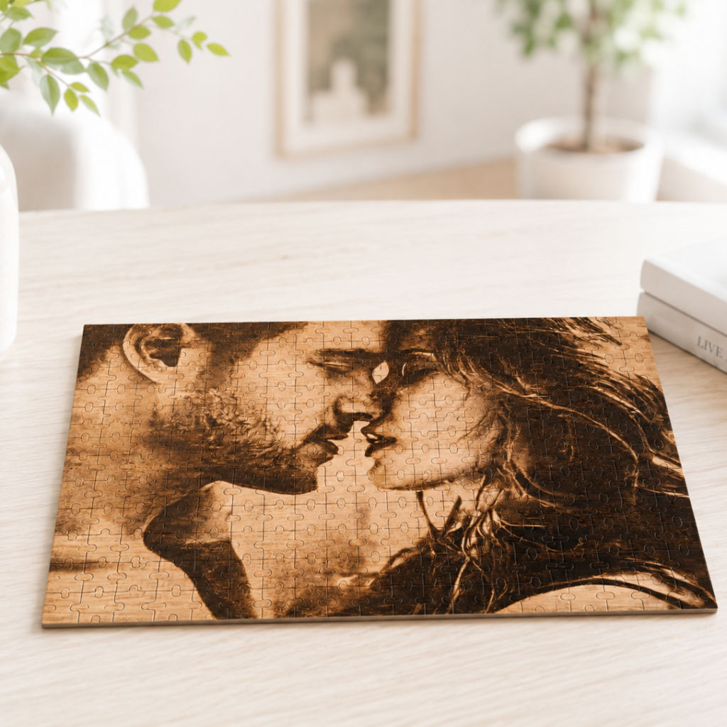 Houten puzzel met foto gravure – Gepersonaliseerd cadeau | Hartvorm & Rechthoek | Standaard & Premium